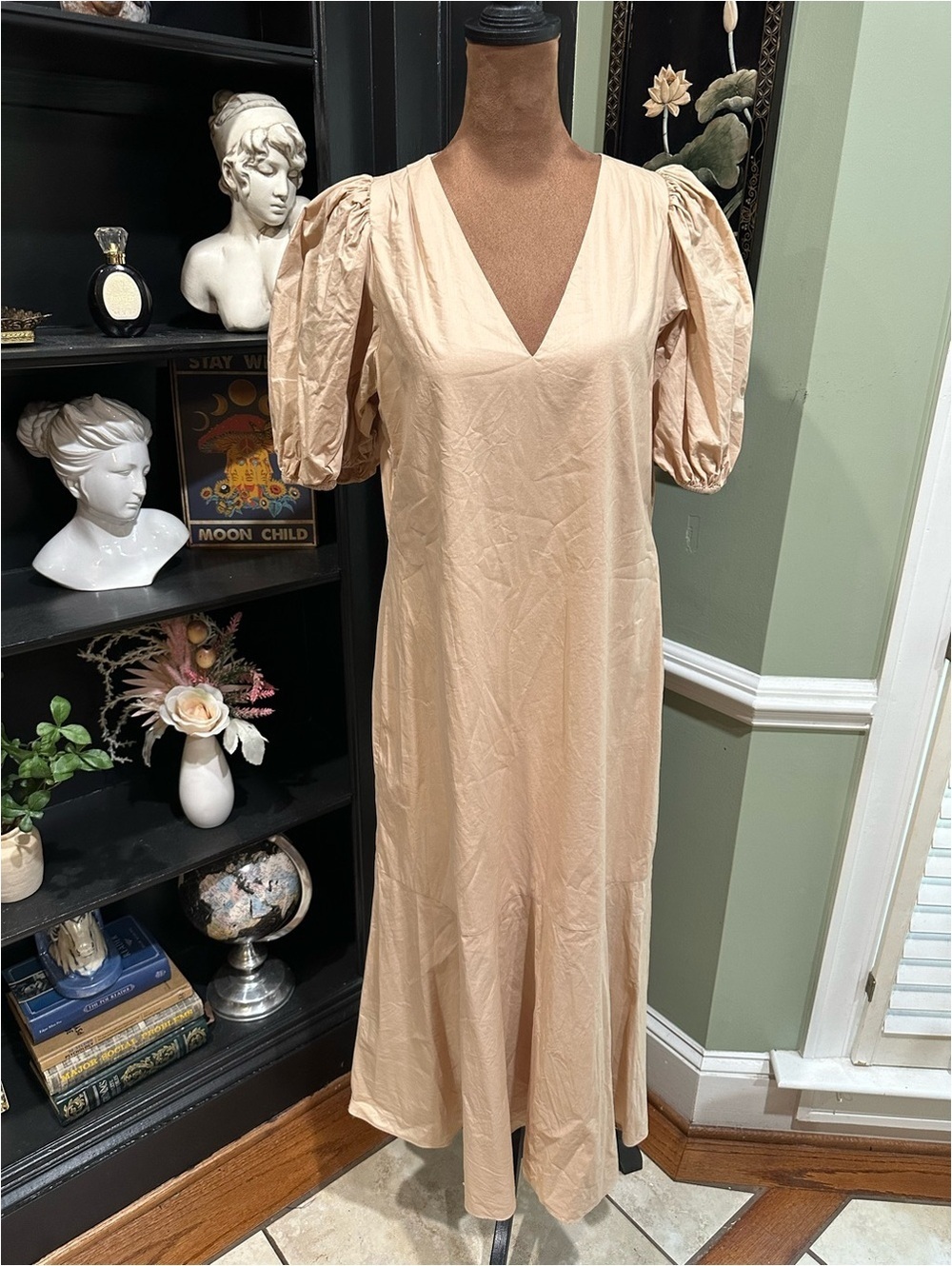 Anna Cate Puff Sleeve Cotton Midi Dress – Beige V‑Neck – Size S